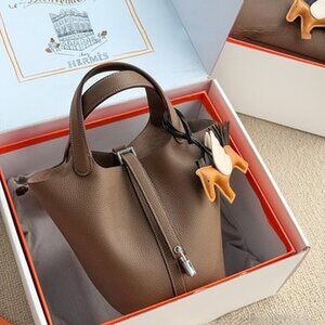Luxury Picotin Style Leather Bucket Bag Etoupe PHW